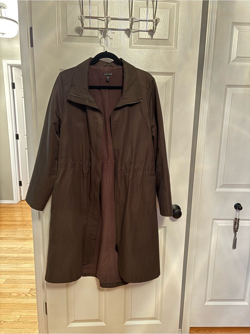 Eileen Fisher Olive Classic Trench Coat Zip-Front with fleece lining